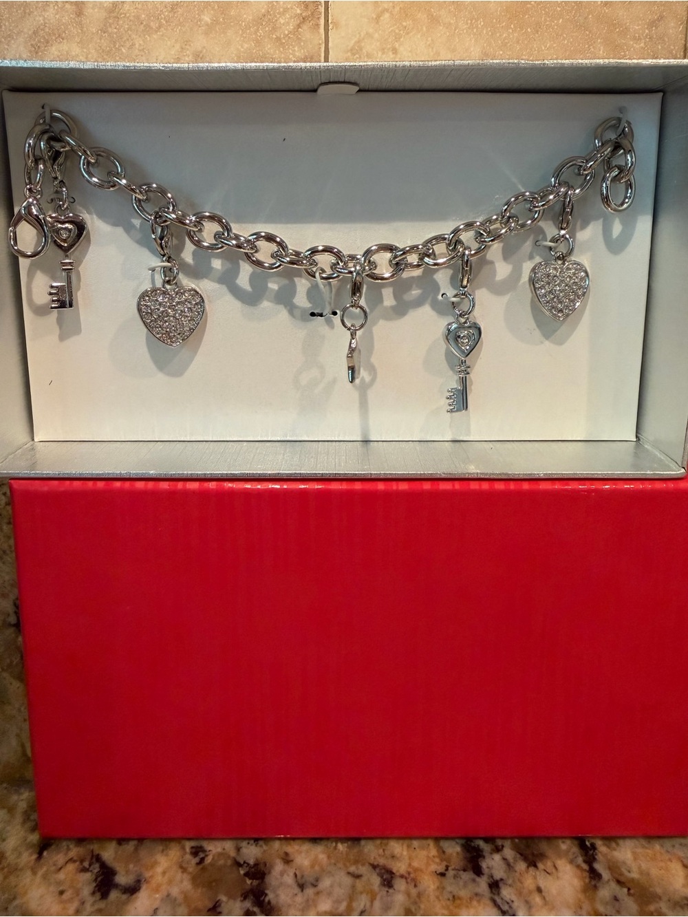 Silver chunky Heart & Key Charm Bracelet - Rhinestone Hearts